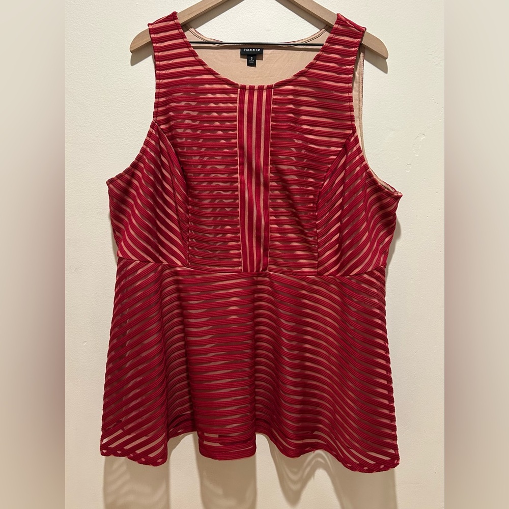 Torrid Red Beige Lined Knit Shadow Stripe Peplum Textured Sleeveless Top Size 3